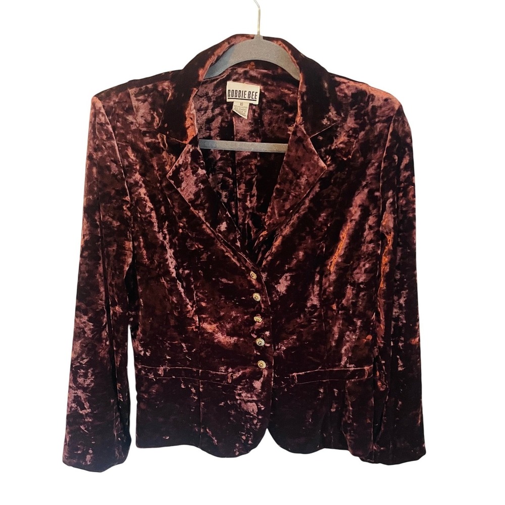 Vintage Robbie Bee Womens Brown Crushed Velvet Button Front Blazer Jacket S 90s